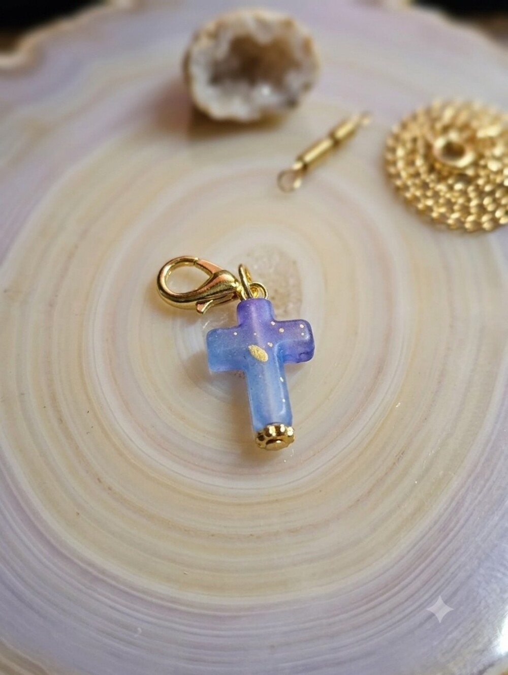 Gold-Plated Blue Purple Opal Cross Pendant Charm